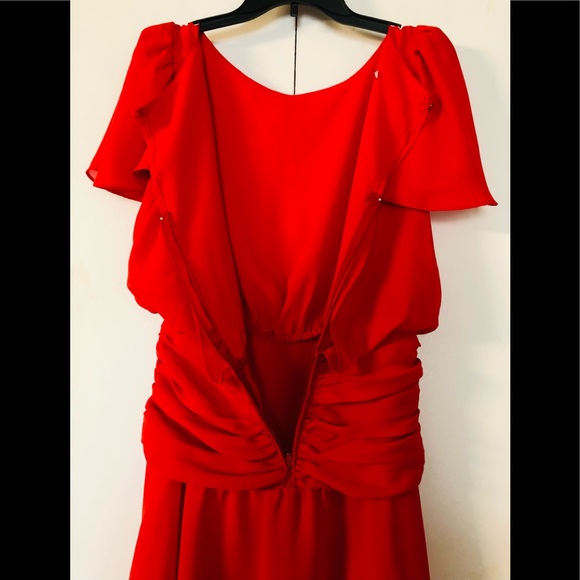 Vintage Red Flared Dress Sz M Chiffon Gathered Design Chic - Picture 14 of 14